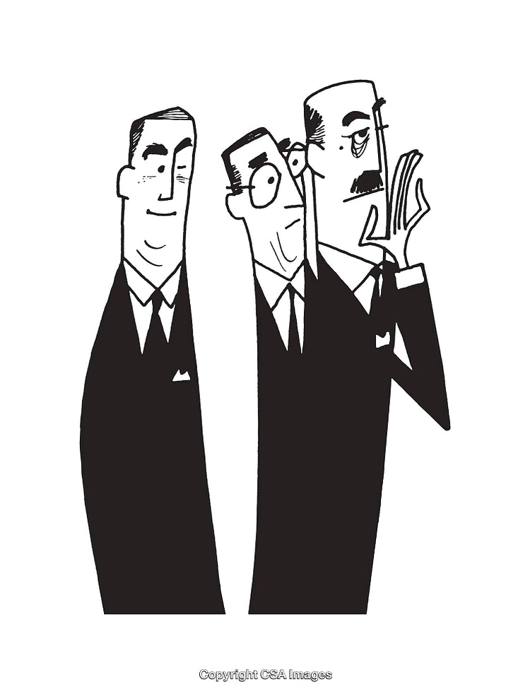 Black and White Line Art of Three Individuals in Discussion