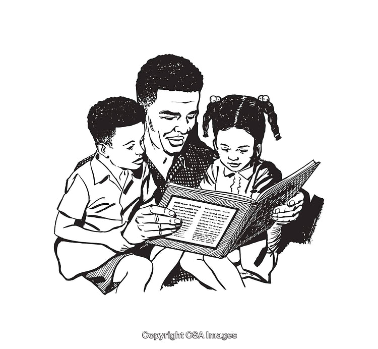 Father Reading a Book to Two Children Line Art Illustration