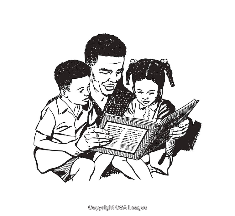 Father Reading a Book to Two Children Line Art Illustration
