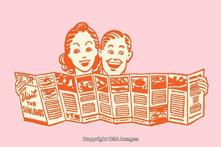 Retro Style Illustration of a Happy Couple Exploring Brochure