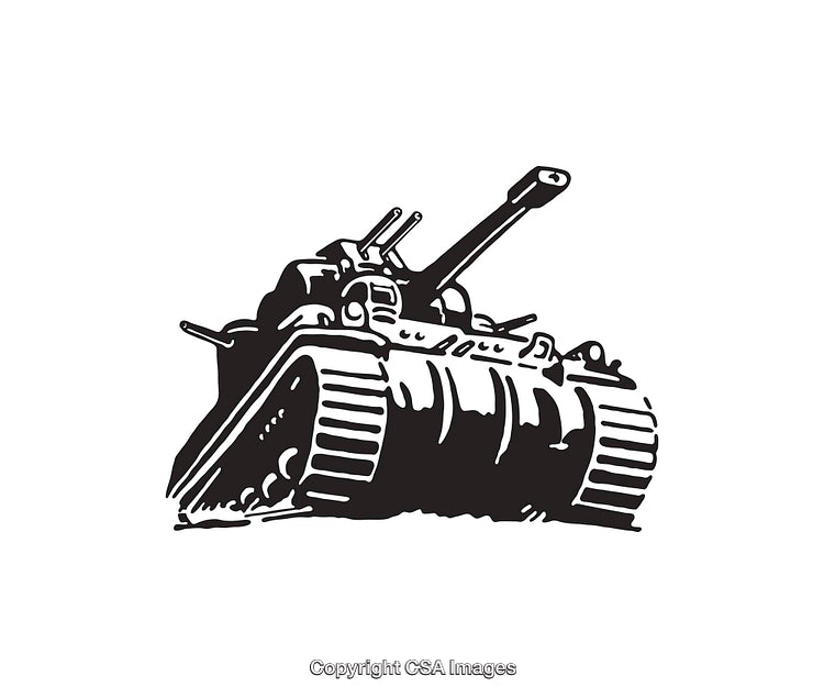 Detailed Black and White Line Art Illustration of Military Tank