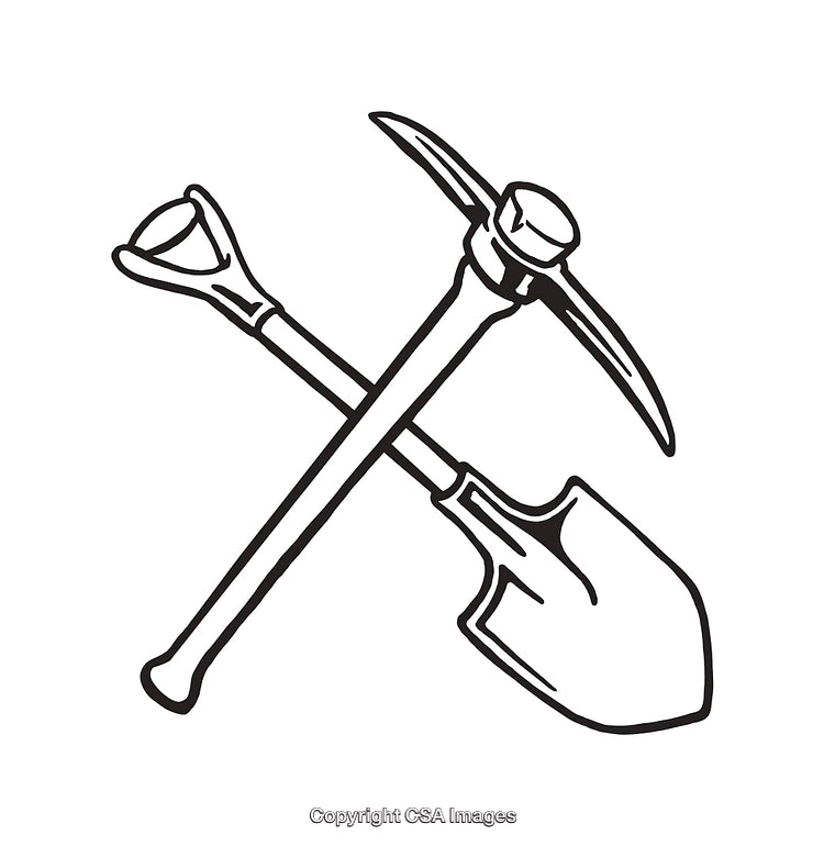 Line Art Illustration of Crossed Pickaxe and Shovel in Black and White