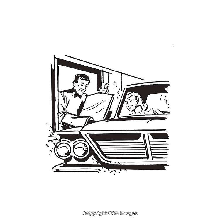 Vintage Line Art of a Drive-Through Scene With Friendly Interaction