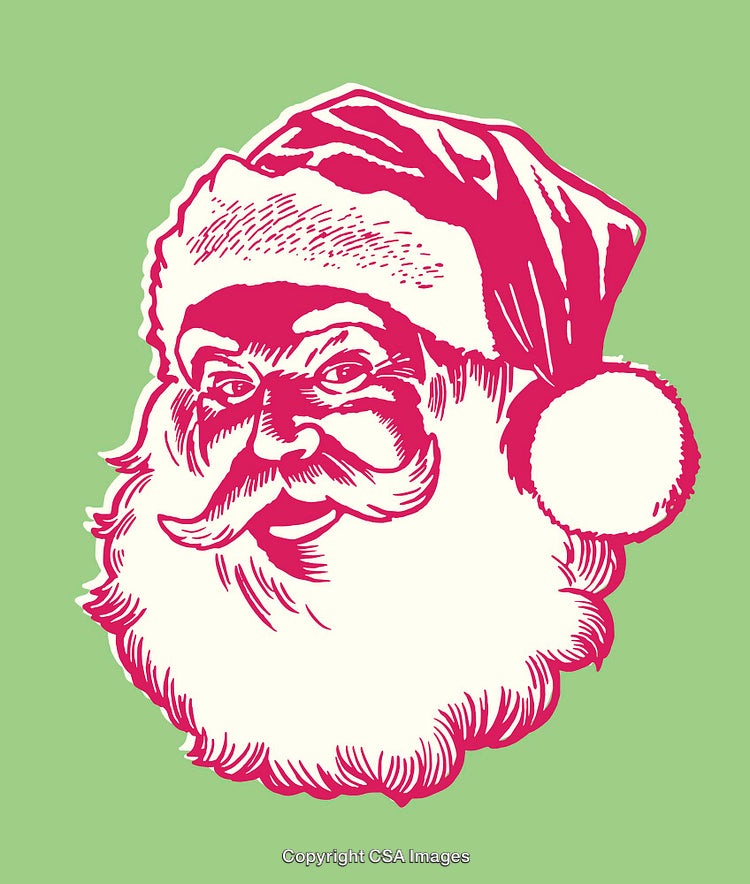 Vintage Style Santa Claus Illustration with Green Background and Festive Details