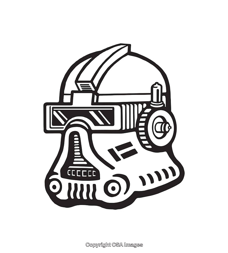 Futuristic Cybernetic Helmet Design in Black and White Line Art