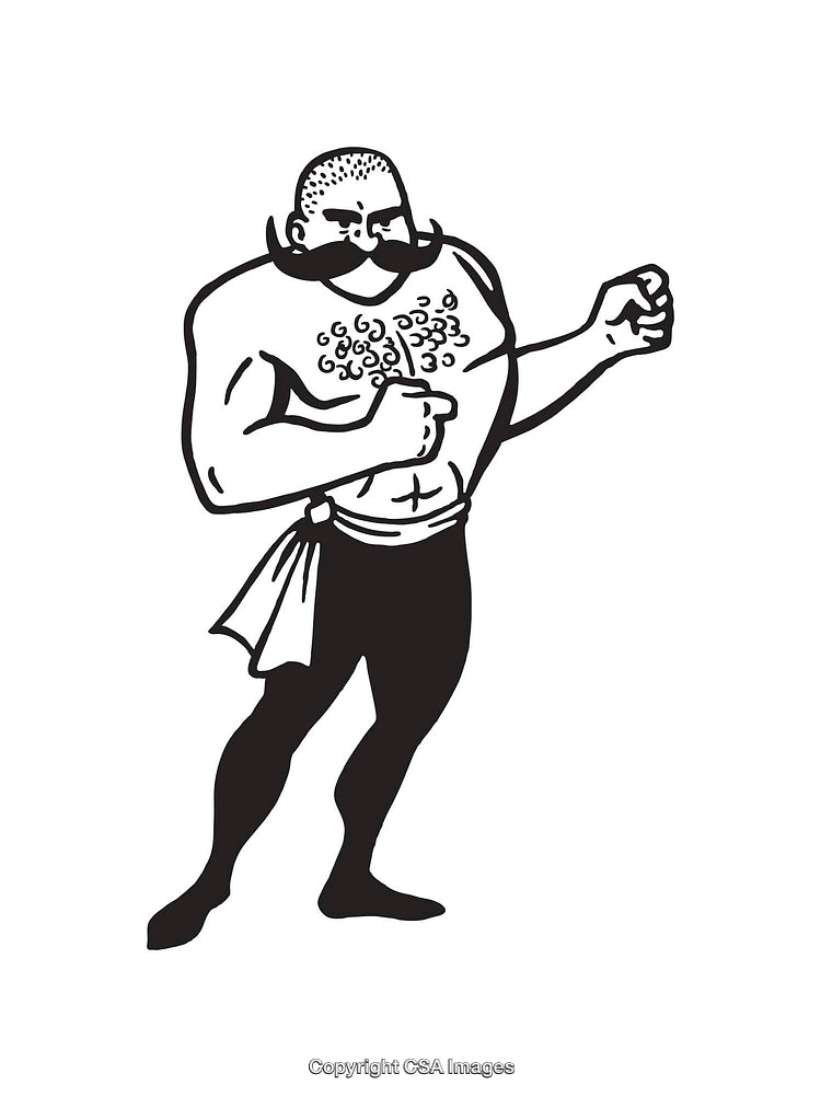 Vintage Line Art of a Strongman in a Fighting Stance