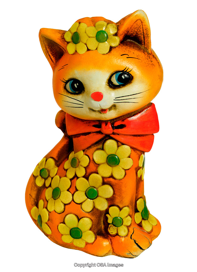 Colorful Decorative Cat Figurine with Floral Patterns and Red Ribbon