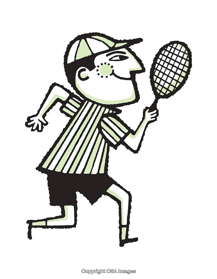 Whimsical Cartoon of Tennis Player Holding Racket in Action Pose