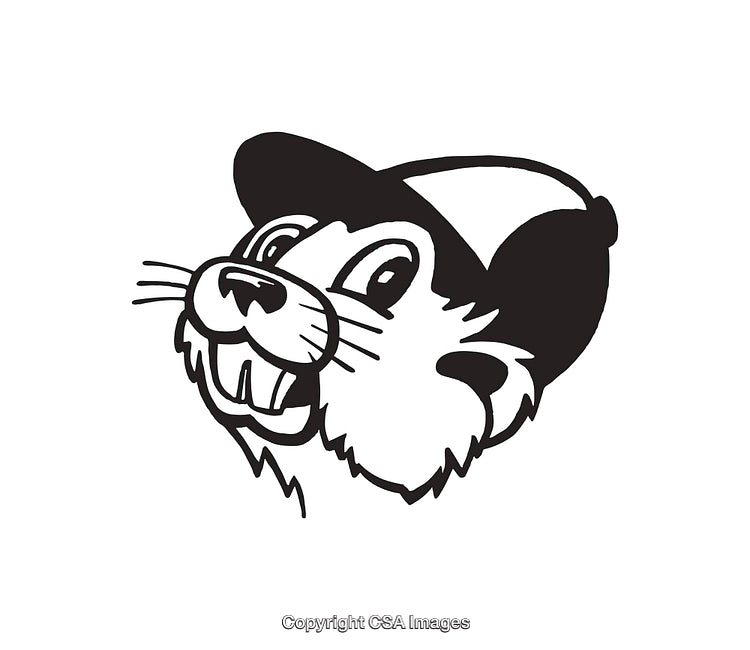 Black and White Line Art Cartoon Beaver Illustration Wearing a Hat