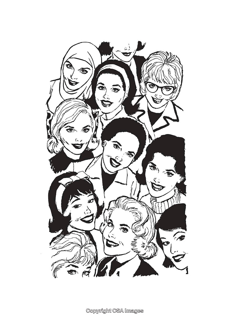 Black and White Line Art of Diverse Group of Women Smiling Together