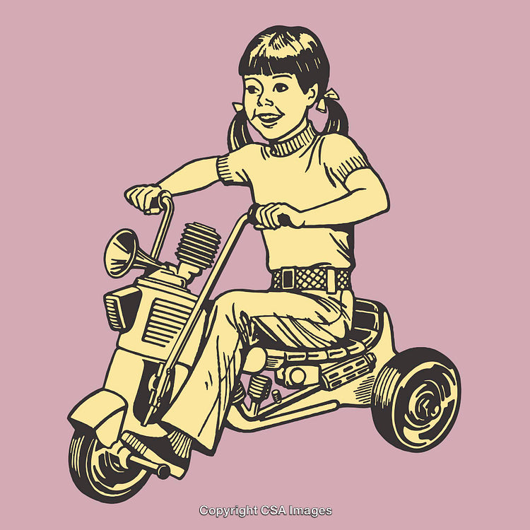 Vintage Line Art Illustration of a Girl Riding a Tricycle