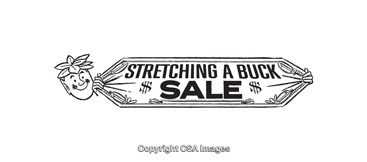 Retro Black-and-White Illustration Promoting Budget-Friendly Sale and Savings