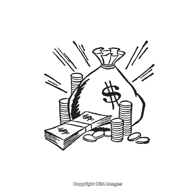 Black and White Drawing of Money Bag with Coins and Cash Illustration