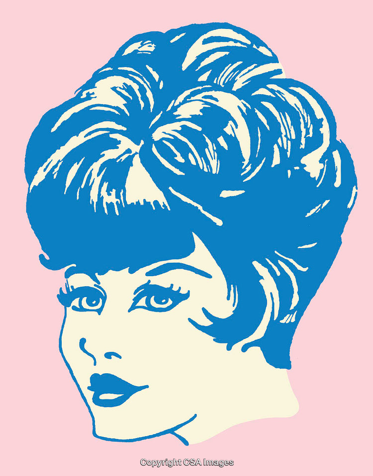Retro Styled Line Art Portrait of a Woman in Blue on Pink Background