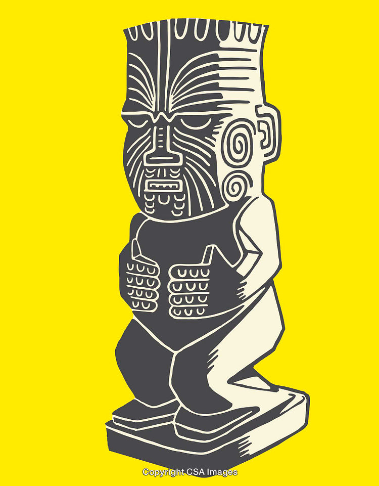 Traditional Tribal Tiki Statue Illustration on a Vibrant Yellow Background