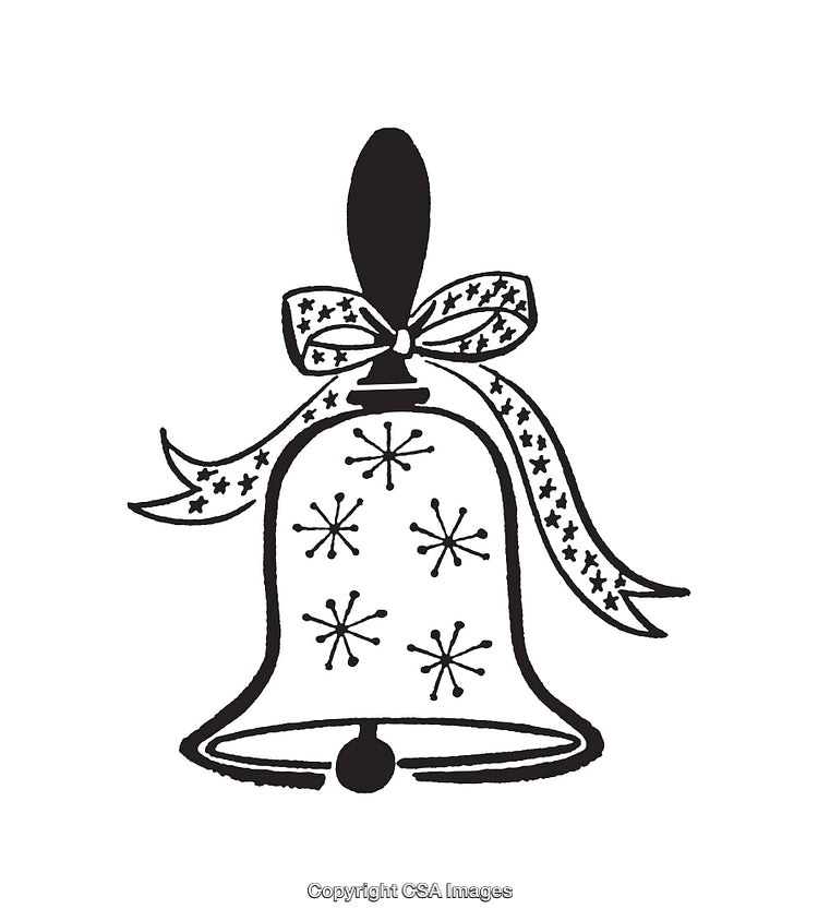 Decorative Black and White Bell Illustration with Festive Patterns and Bow