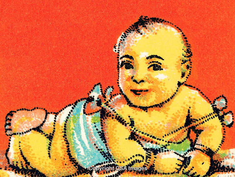 Vibrant Illustrative Portrait of a Smiling Baby on a Red Background