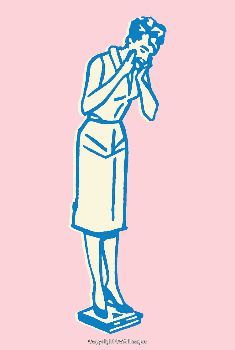 Retro Style Illustration of Woman Standing on Scale with Concerned Look