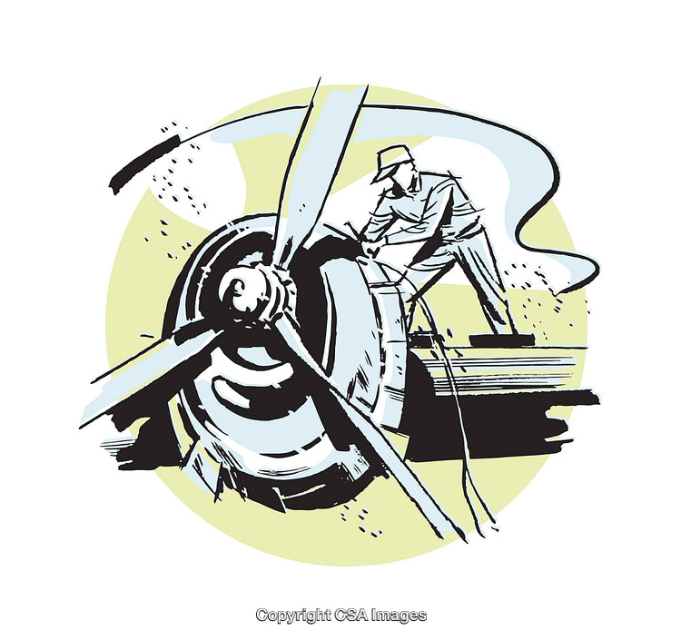 Illustrative Depiction of Aircraft Mechanic Checking Airplane Propeller