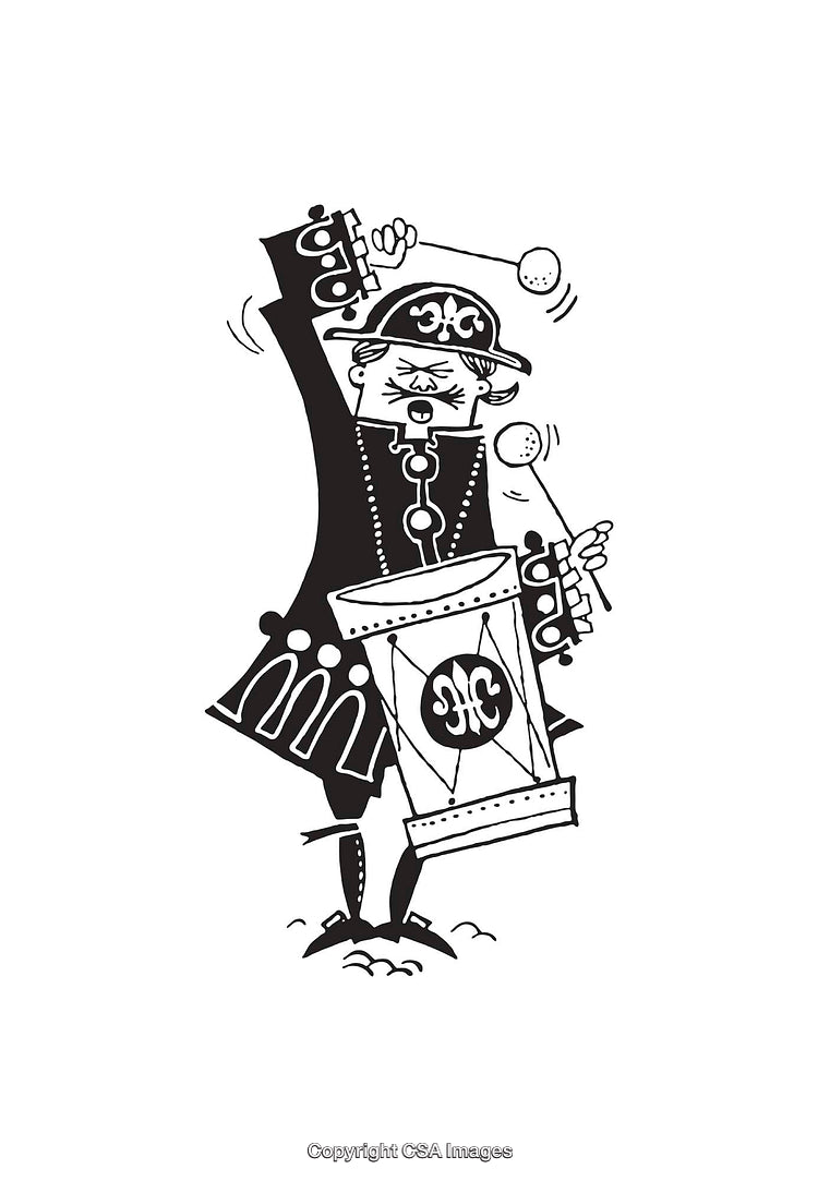 Vintage Black and White Line Art of a Drummer in Uniform