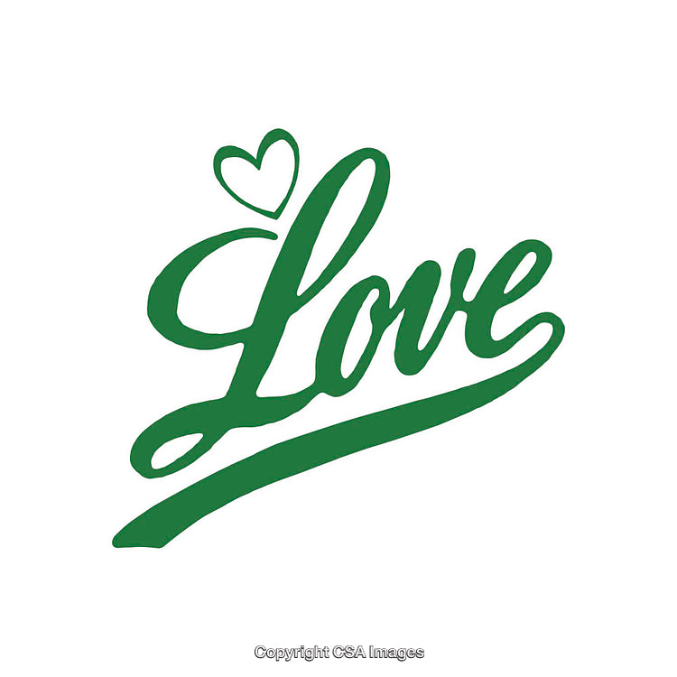 Green Calligraphy Word 'Love' with Heart on a White Background
