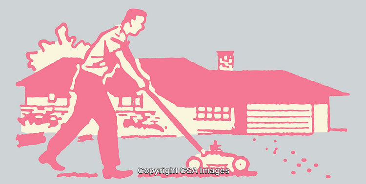 Colorful Retro Illustration of Man with Lawn Mower Near Family House