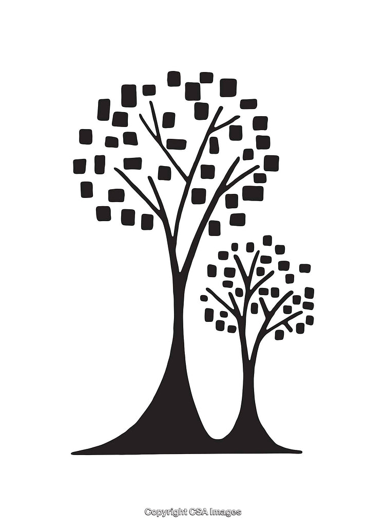 Black and White Illustration of Two Stylized Trees with Geometric Details