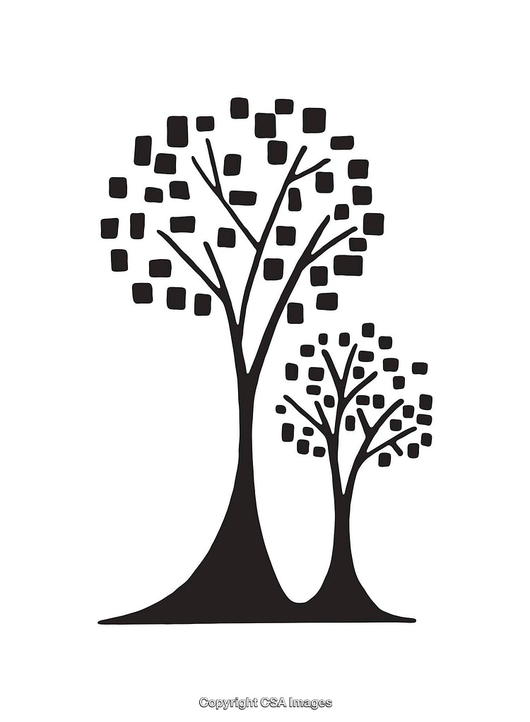 Black and White Illustration of Two Stylized Trees with Geometric Details