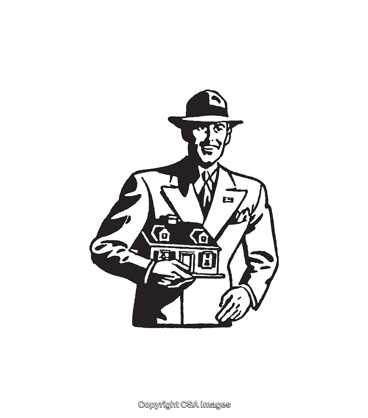 Vintage Line Art of a Real Estate Agent Holding a House Model