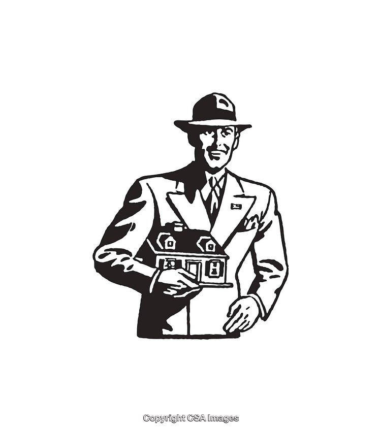Vintage Line Art of a Real Estate Agent Holding a House Model