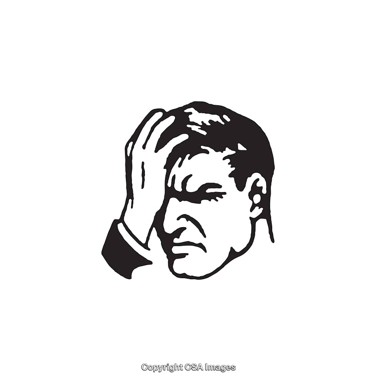 Black and White Illustration of Man Expressing Frustration with Hand on Forehead