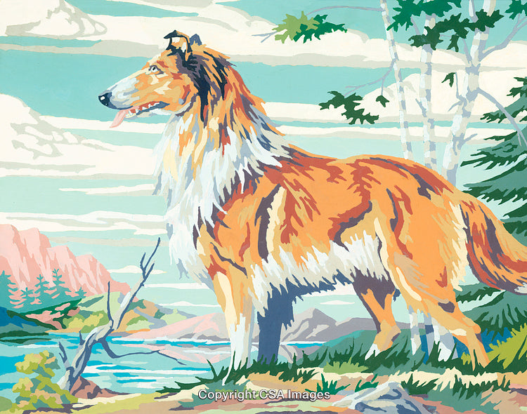 Hand-Painted Dog Illustration in a Scenic Outdoor Landscape
