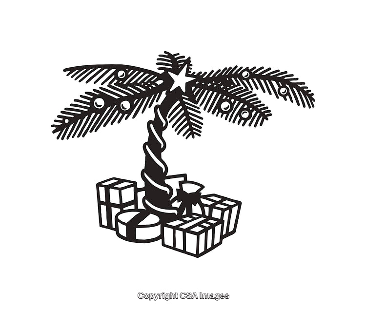 Black And White Line Art Illustration of a Holiday Palm Tree with Gifts
