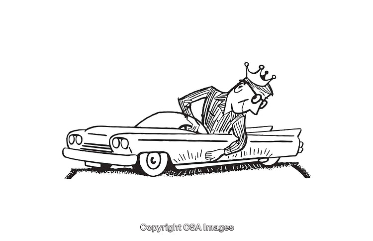 Royal Character Driving Classic Convertible in Fun Line Art Illustration