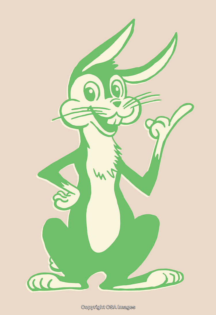 Cartoon Green Rabbit Displaying Confident Gesture on Beige Background Art Illustration