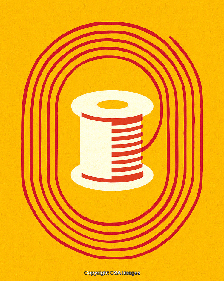 Abstract Illustration of Thread Spool with Radiating Lines on Yellow Background