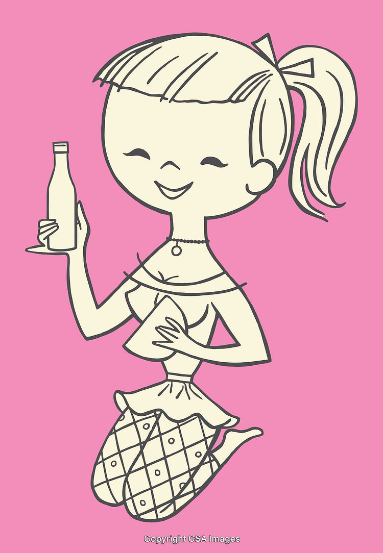 Retro Style Illustration of Woman with Bottle and Fishnet Stockings
