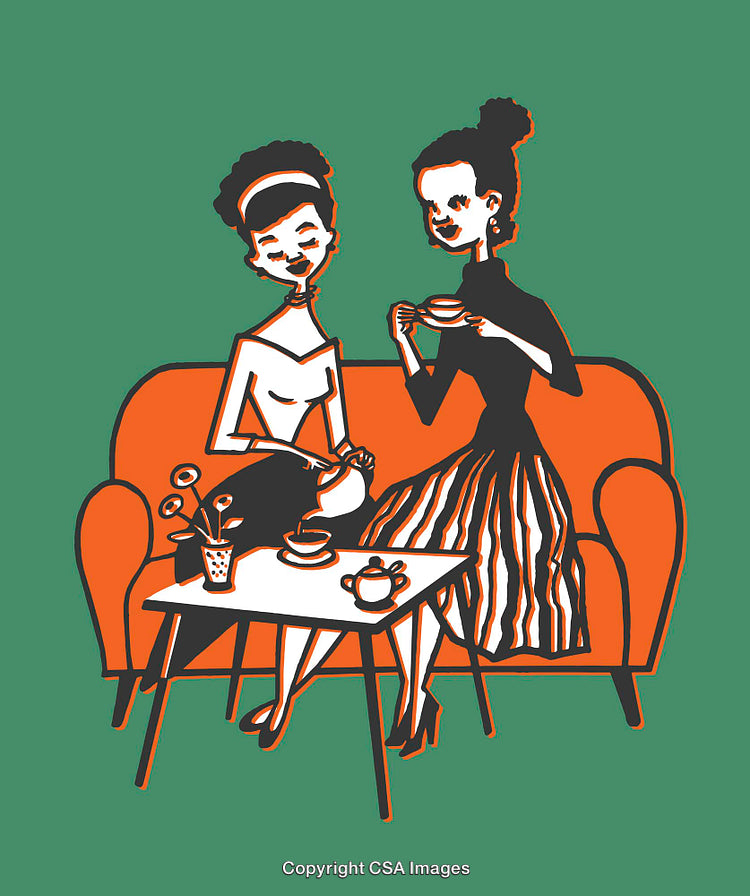 Two Women Enjoying Tea in a Vintage Styled Illustration