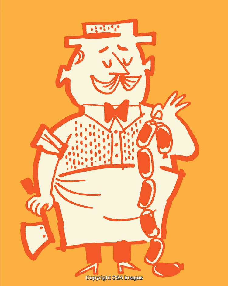 Cartoon Illustration of a Butcher Holding Sausages