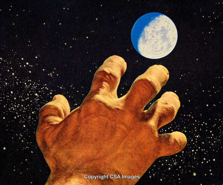 Hand Reaching Toward the Moon in a Starry Night Sky