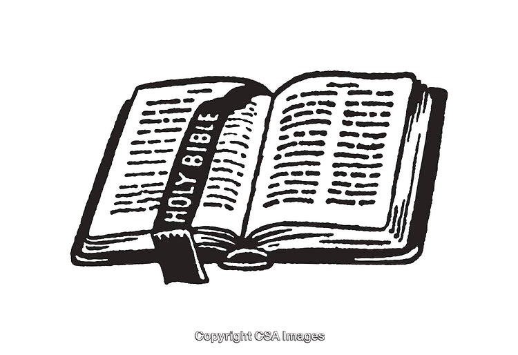 Black and White Line Art Illustration of an Open Holy Bible