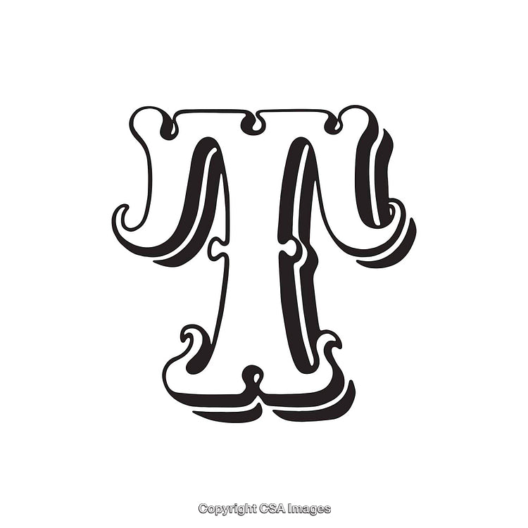 Ornate Decorative Letter T in Black and White Typography Design