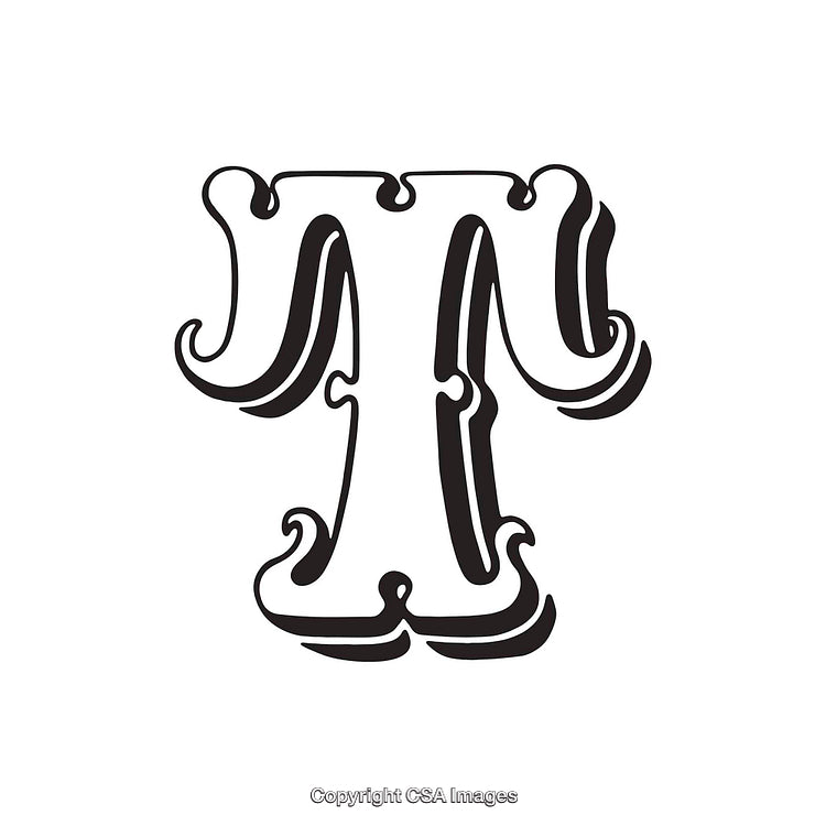Ornate Decorative Letter T in Black and White Typography Design