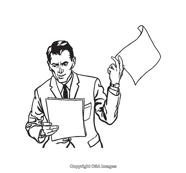 Black and White Illustration of a Businessman Reviewing Documents