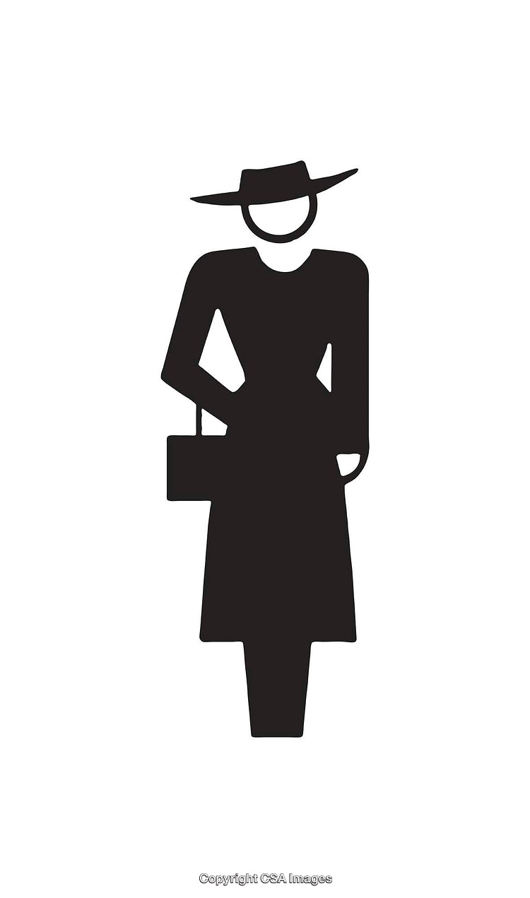 Silhouette Icon of a Woman with Hat and Bag in Black and White