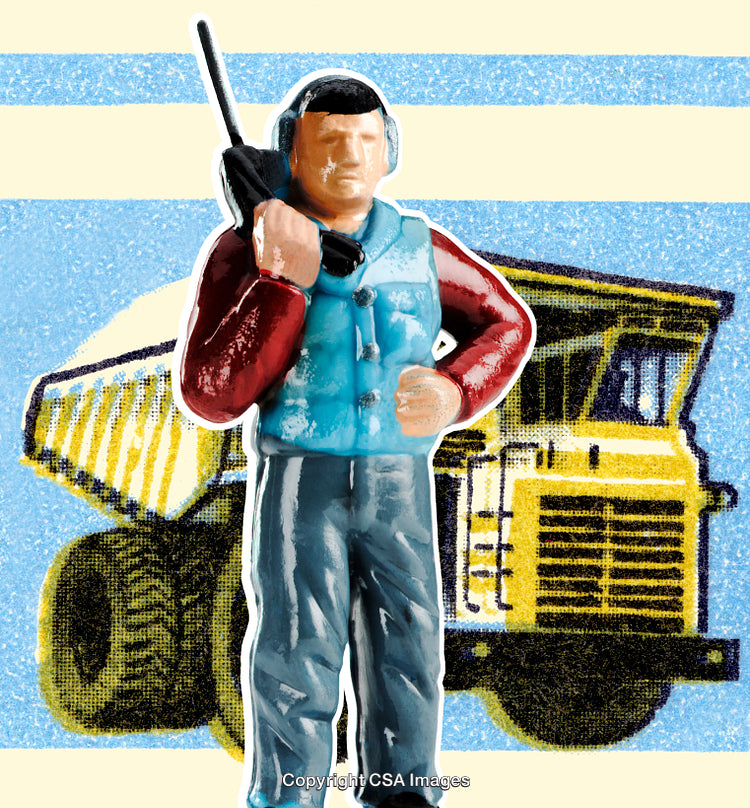 Plastic Toy of Worker Next to Large Mining Vehicle in Artistic Style