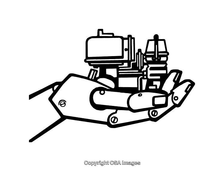 Robotic Hand Holding Mechanical Components in Black and White Line Art