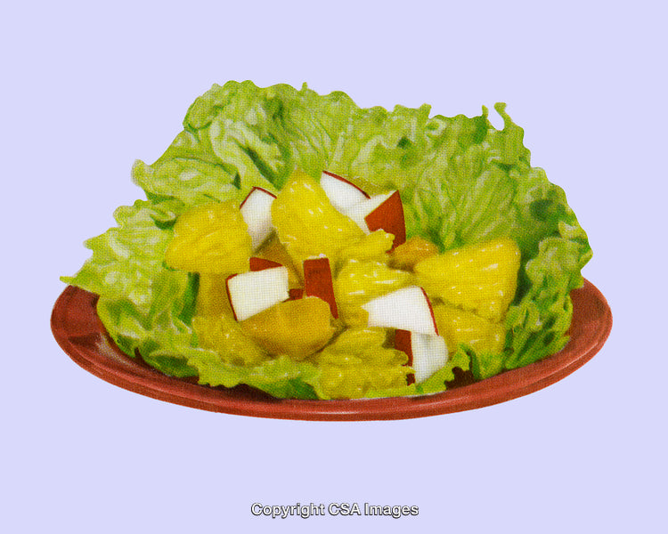 Colorful Fruit Salad on Lettuce With Decorative Retro Printed Art Style