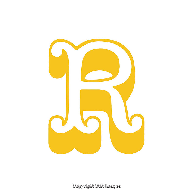 Ornate Yellow Letter R Design with Decorative Curves and Swirls