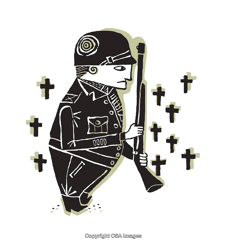 Stylized Illustration of Soldier Amid Crosses Depicting Sacrifice and Memories